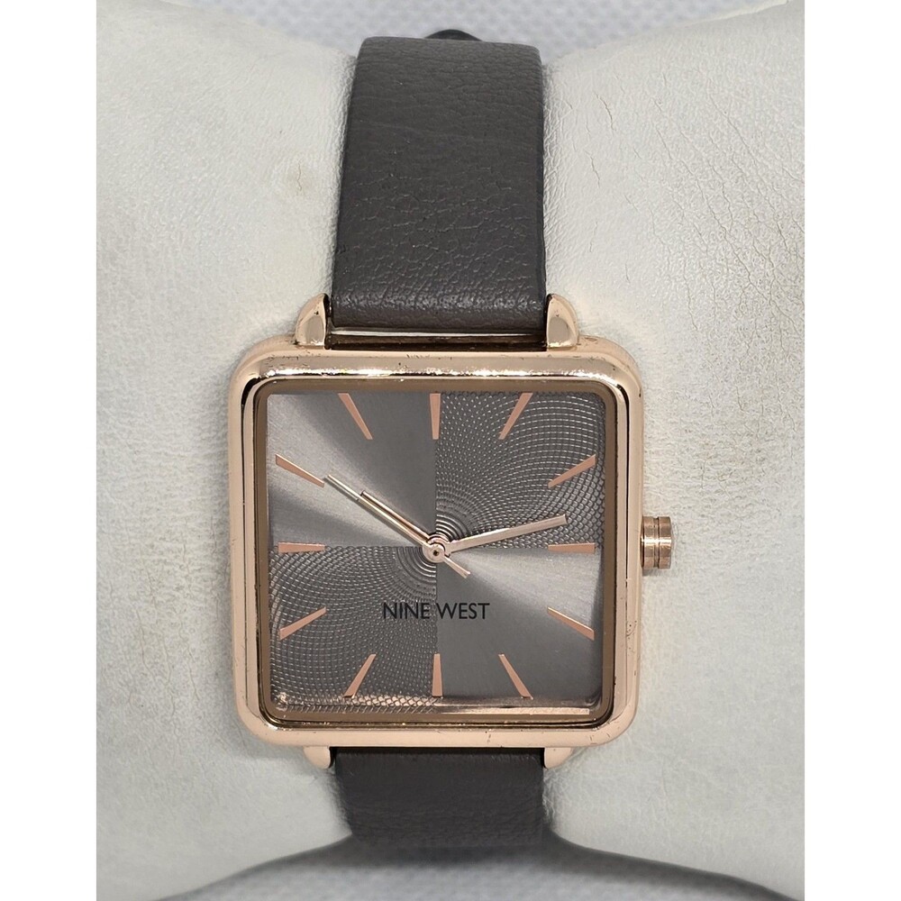 Women's Nine West Casual Square Rose Gold Tone Case Gray Leather Strap Watch 13 - Picture 5 of 9